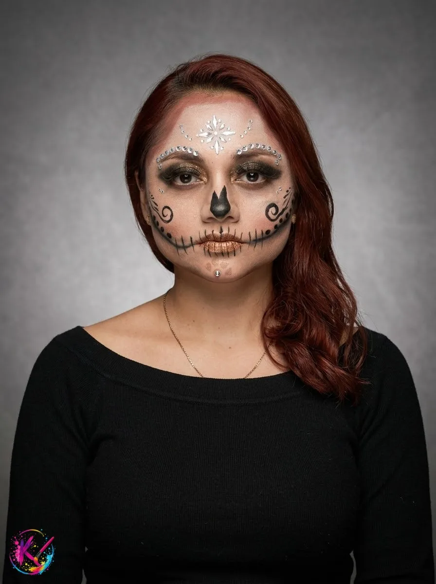 Maquillaje de catrina con detalles negros y rosas