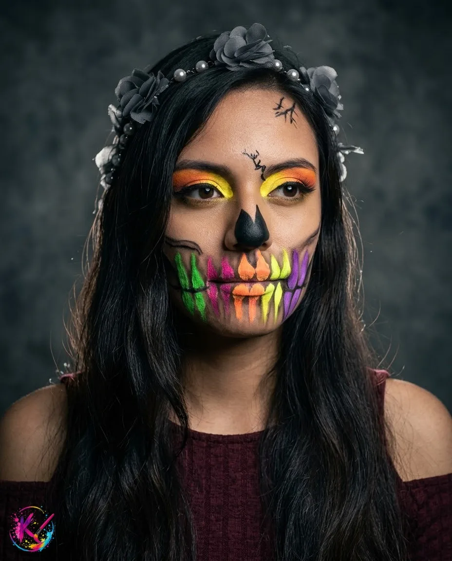 Maquillaje de catrina con detalles rojos y pedrería
