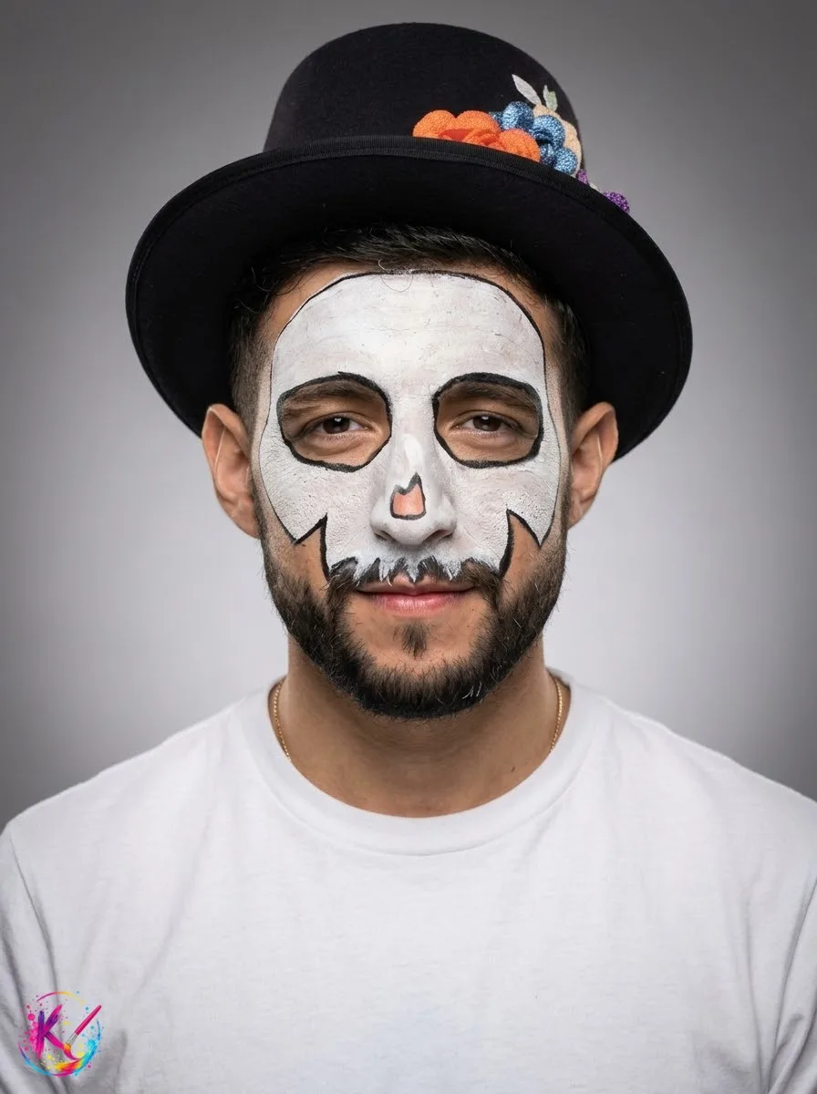 Maquillaje de calavera con sombrero y flores